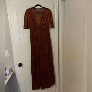 Baltic Born Rust Velvet V-Neck Tiered Maxi Dress